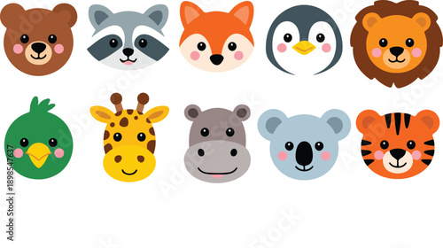 Cute Animal Face Outline Icon Set  Bear, Fox, Penguin, Lion, and Tiger
