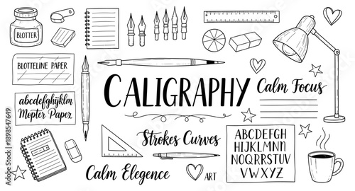 Hand-drawn calligraphy tools and lettering elements for artistic expression and creativity