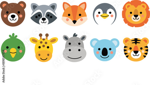Cute Animal Face Outline Icon Set  Bear, Fox, Penguin, Lion, and Tiger