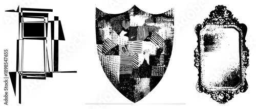 Three vector abstract geometric forms, shield with fields, ornate mirror frame. Black and white halftone style, graphic design elements, isolated foreground.