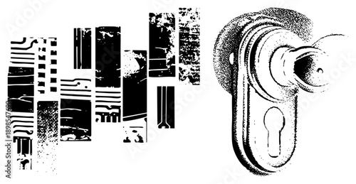 Stylized door knob with keyhole, halftone texture, abstract circuit board fragments, vector graphic, tech meets vintage, isolated elements.