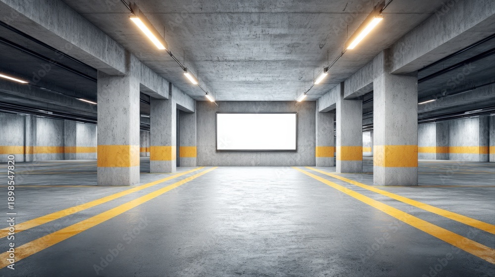 Obraz premium Underground Parking Garage Interior with Blank Billboard and Concrete Support Structure, Ideal for Mockup Advertising