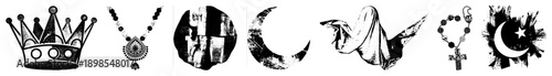Black and white vector illustrations of crown, ornate necklace, moon, draped fabric, rosary, and star and emblem. Flat design with halftone texture and isolated elements.