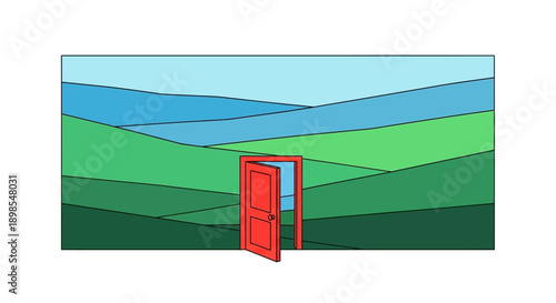 Red Door Opening to Green Hills and Blue Sky. Minimalist Vector Illustration of Opportunity, Escape, and New Beginnings.