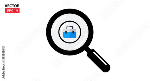 Job Search Magnifying Glass Icon. Finding Employment, Career Opportunity, and Recruitment Symbol. Flat Professional Vector Illustration.