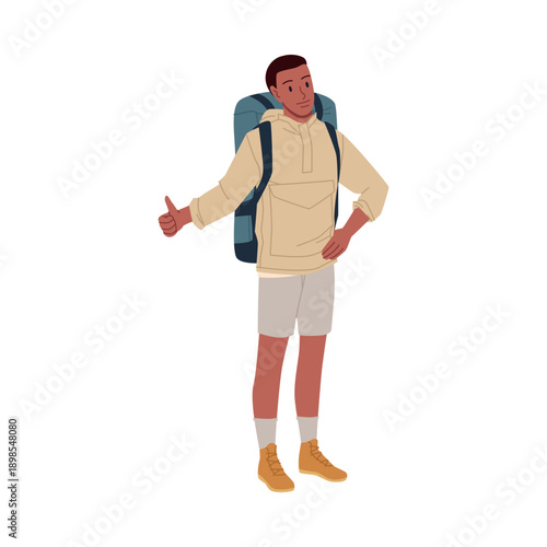Traveler with backpack standing and hitchhiking, wearing casual outdoor clothes and boots, isolated on white background vector illustration