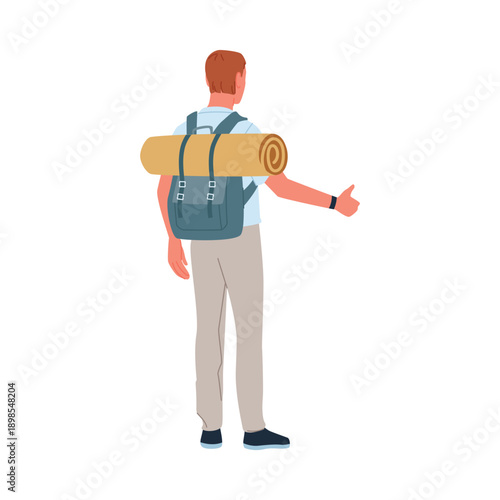 Male traveler with backpack and sleeping mat hitchhiking on white background isolated vector illustration