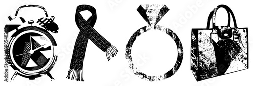 Classic alarm clock with halftone face, textured with fringe, diamond ring with textured band, luxury handbag with straps all in vector style.