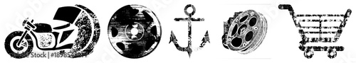 Distressed black and white including motorcycle, film reel, anchor, and shopping cart, stylized with grunge texture, ideal for retro branding or digital interfaces.