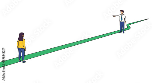 Businessman pointing direction to woman on a winding green path. Career guidance, leadership, journey, and distance concept vector illustration.