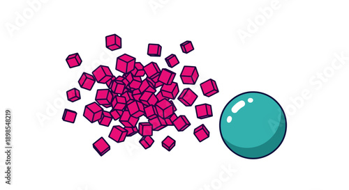 Abstract Digital Fragmentation: Smooth Teal Sphere and Scattered Magenta Cubic Blocks Explosion