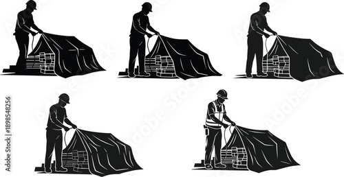 Construction workers covering bricks with tarps, protecting building materials, safety practice, teamwork, industrial site, weather protection, labor, construction equipment, storage