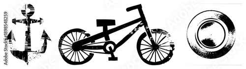 Graphic featuring anchor, BMX bicycle, and car wheel with textured, worn effects. Nautical, retro, mechanical, stylized vector art.