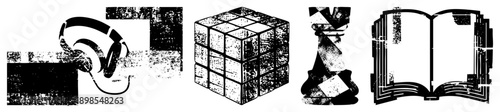 Black and white vector featuring headphones, ’s cube, chess piece, and open book with distressed texture, ideal for retro or educational themes.