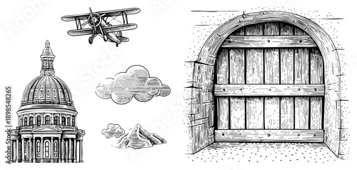 Classic biplane flying above domed building, stylized clouds, mountain peak, stone arch gate, engraved art, historical aviation, architectural sketch.