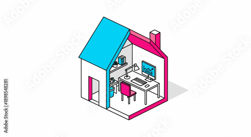 Isometric Home Office Illustration. Remote Work Setup Inside a Stylized House. Work From Home, Telecommuting, and Productivity Vector Concept.
