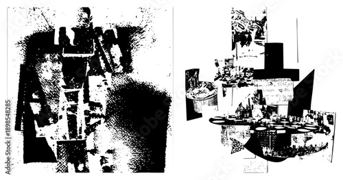 Black and white graphic art featuring fragmented shapes, halftone, and layered geometric forms, abstract design, vector illustration, modern art style.