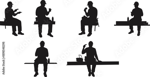 Construction workers eating lunch on steel beams, teamwork break time concept, iconic workplace culture illustration, cad drawing flat vector illustration