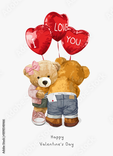 happy valentines day card with bear doll couple hugging with red balloons vector illustration drawn by hand