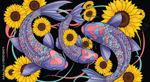 Colorful Koi Fish Swimming in Pattern.