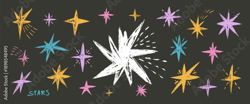 Colorful pastel brush drawn stars. Crayon twinkles spark. Pencil scribble magic twinkles collection. Kids collage stickers night blinks. Christmas childish simple decor. Vector asterisk isolated.