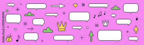 Pixel speech bubbles blanks. 8 bit y2k dialogue boxes set. Game childish pixel art chat text boxes with crown, music note, arrows. Vector talk frames balloons kids messages isolated on pink backdrop.