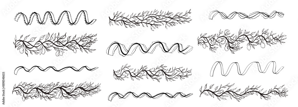 Obraz premium Bachelorette whimsical foliage, lace ribbons menu text dividers. Tree branch leaves, lemons doodle page underline set. Party bow emphasis invitation border elements. Vector hand drawn text separators.