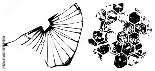 Stylized fan blade with radial segments and distressed hexagonal, vector art, graphic design elements, isolated foreground, illustration.