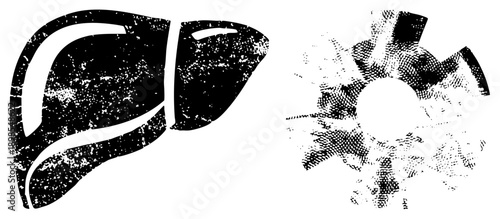 Medical organ and mechanical gear symbol, halftone print style, vector graphic, isolated elements, anatomical and industrial motifs.