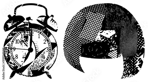 Classic bell alarm clock with analog dial, halftone hair silhouette, vector art, black and white, retro design, isolated elements, graphic illustration.