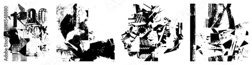 Black and white vector composition of shattered shapes, halftone textures, angular fragments, graphic abstraction, digital collage, mechanical motifs, stylized chaos.