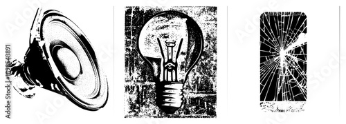 Retro speaker cone radiating sound waves, halftone graphic, vector illustration, equipment, music gear, analog sound, stylized speaker.