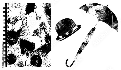 Classic bowler hat and vintage umbrella rendered in halftone style, graphic, retro fashion accessories, isolated vector elements, stylized print art.