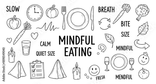 Mindful eating concepts illustrated with hand-drawn doodles and text elements