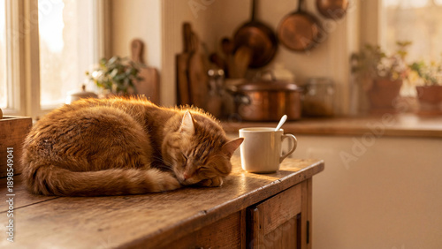 柔らかな自然光が差し込むデスクで、ポモドーロタイマー用に茶トラ猫が丸まって眠る、静かな集中と安らぎが共存する風景です。ほかほかと湯気が立つコーヒーが、日々の成長と穏やかな幸福感を優しく彩ります。