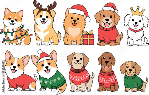 Cute Christmas Dogs Illustration Set  Sweaters, Santa Hats & Holiday Accessories