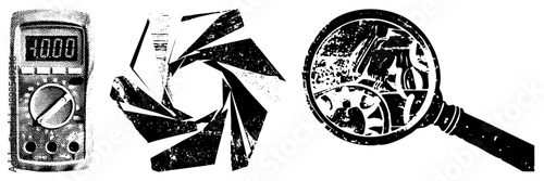 Black and white halftone vector multimeter reading 4000, camera shutter blades, magnifying glass over abstract. Technical tools, measurement, inspection,, diagnostics.