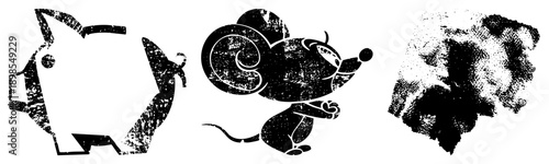 Stylized piggy bank, cartoon mouse, and halftone texture set, retro distressed vector art, financial savings, playful character design.