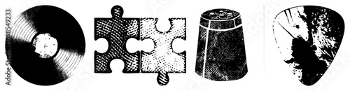 Classic vinyl record with grooves, textured puzzle pieces, vintage thimble, worn guitar pick, halftone vector art, retro design elements.