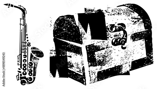 Stylized saxophone and treasure chest in halftone vector art, musical instrument and loot chest, black and white graphic design, isolated elements for creative use.