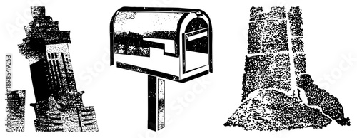 Classic American mailbox on post, stylized city skyscrapers, tree stump with roots, all rendered in halftone dot, vector graphic, isolated foreground elements.