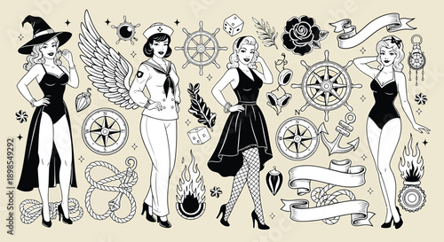 Four Women in Different Costumes and Accessories.