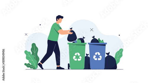 Young man sorting waste by putting black garbage bags into green and blue recycling bins for environmental protection.