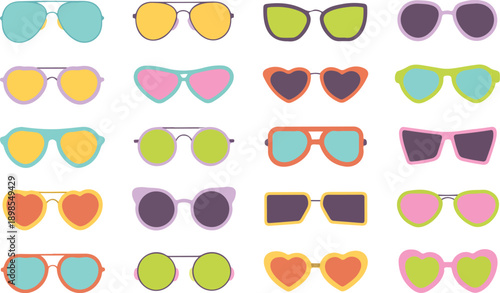 Colorful Sunglasses & Eyeglasses Vector Set  Retro, Heart & Round Frames