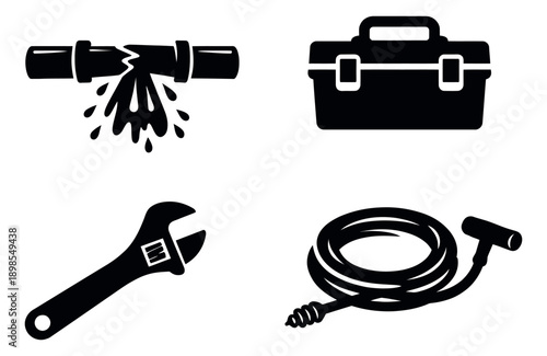 Flat icon plumbing tools set featuring a leaking pipe, a toolbox, a wrench, and a plumbing snake for home repair and maintenance