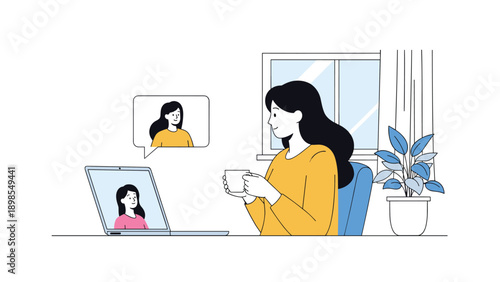 Woman sitting at a table with coffee participating in an online video conference call with two female colleagues.