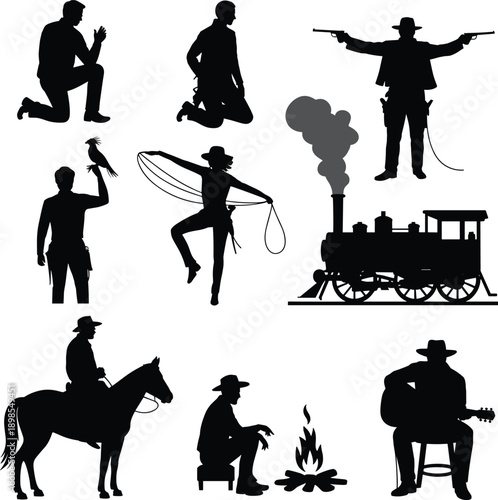 Wild west cowboy silhouettes illustration set, western people actions, outlaw scenes, horse riding, steam train, campfire music, vintage frontier life