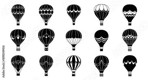 Collection of black and white hot air balloon illustrations.