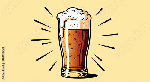 Glass of Beer with Foamy Head.