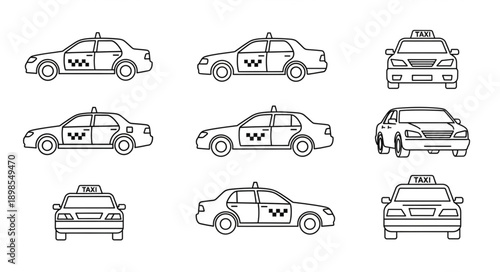 Collection of black and white taxi car illustrations from different angles.